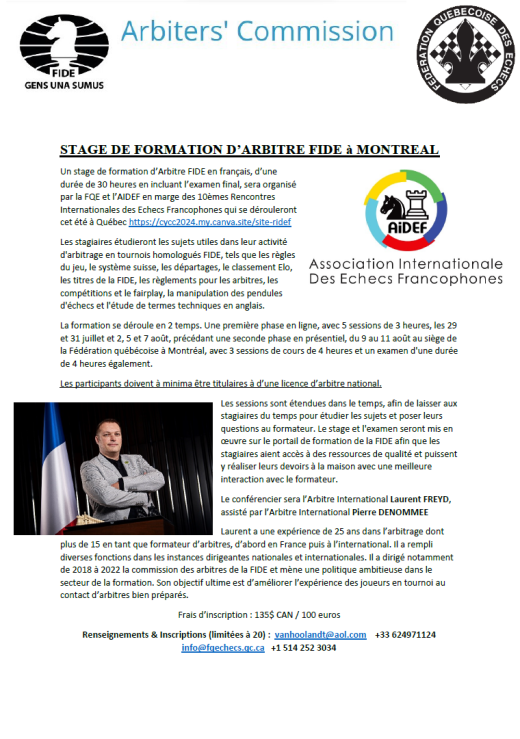 Séminaire de formation d'arbitre FIDE à Montréal